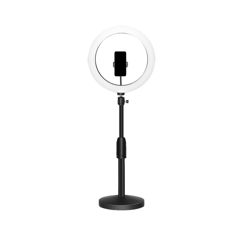 Orthorun | Minimalist Circular Makeup Lamp – USB LED Fill Light with Metal Phone Holder, Black