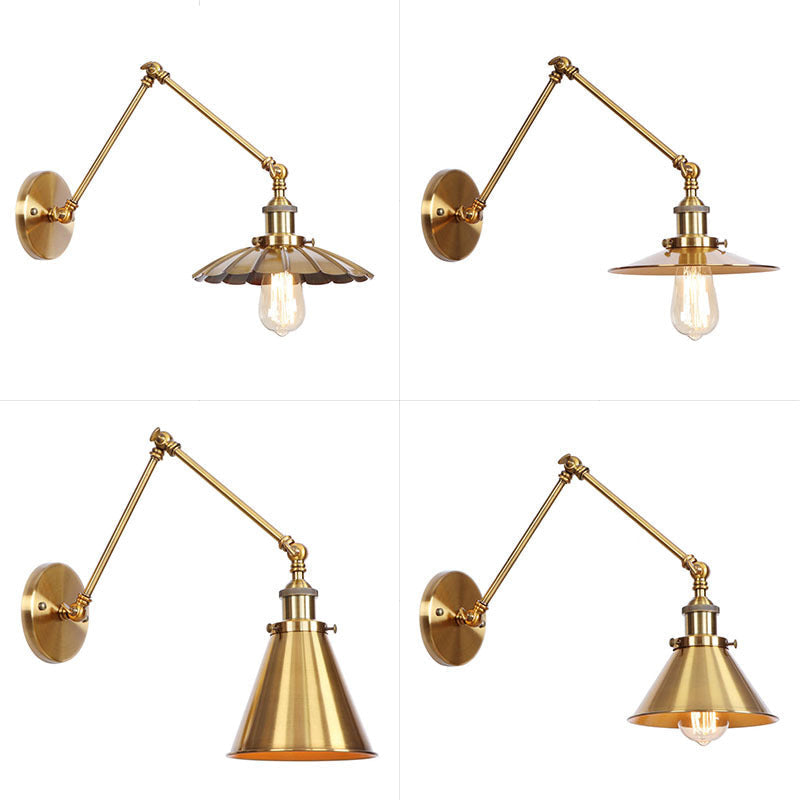 Orthorun | Iron Brass Wall Lighting – Antique Swing Arm Wall Lamp with Scalloped/Horn/Cone Shade (6" / 8" Width)