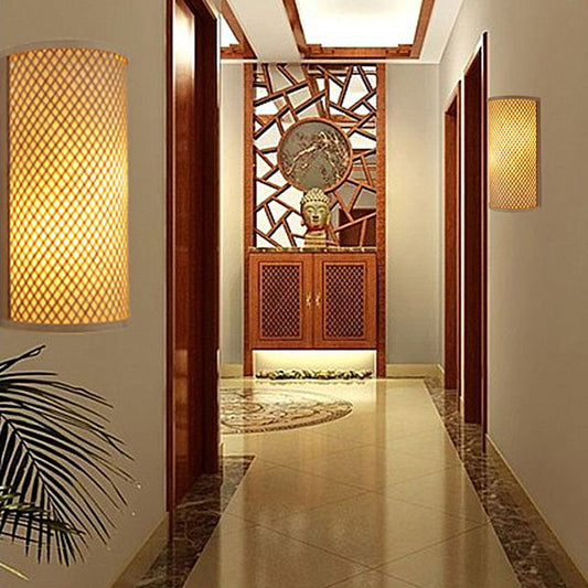 Orthorun | Half-Cylindrical Flush Mount Wall Lamp - Minimalist Bamboo Hallway Light in Beige