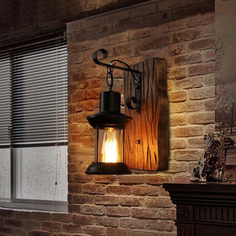 Orthorun | Industrial Lantern Wall Mount Light - Iron with Clear Glass Shade