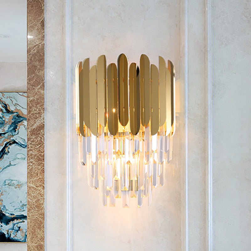 Orthorun | Stacked Wall Light – Modernist Brass Metal Lamp with Clear Crystal Block