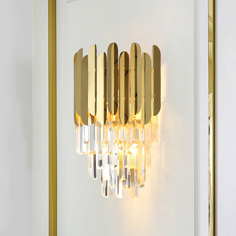 Orthorun | Stacked Wall Light – Modernist Brass Metal Lamp with Clear Crystal Block