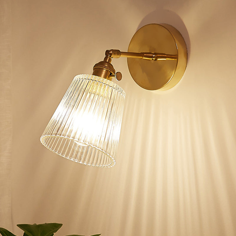 Orthorun | Ribbed Glass Wall Lamp – Industrial Brass Cone Light Fixture for Living Room