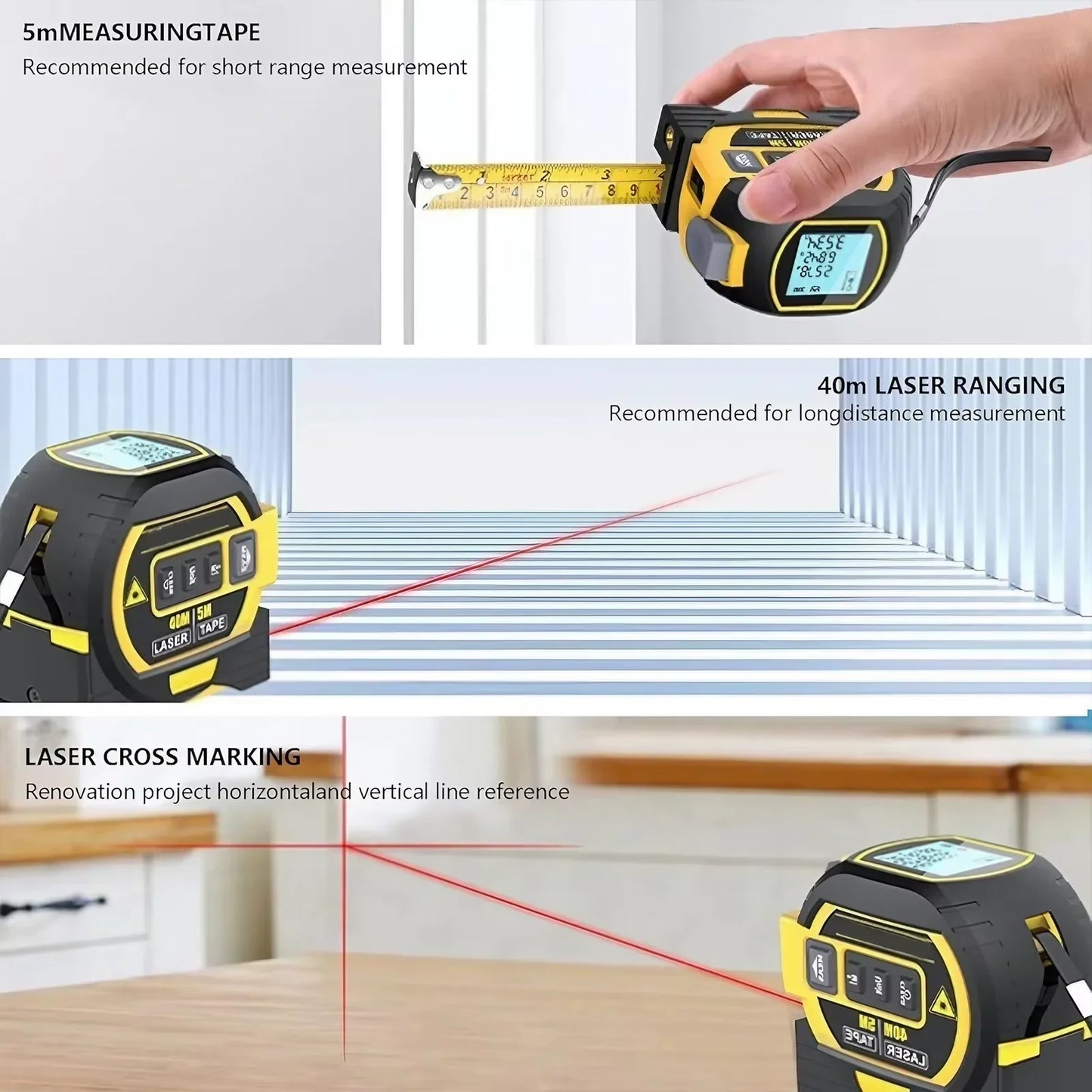 3-In-1 Laser Tape Measure 40/60M Meters Infrared - Orthorun