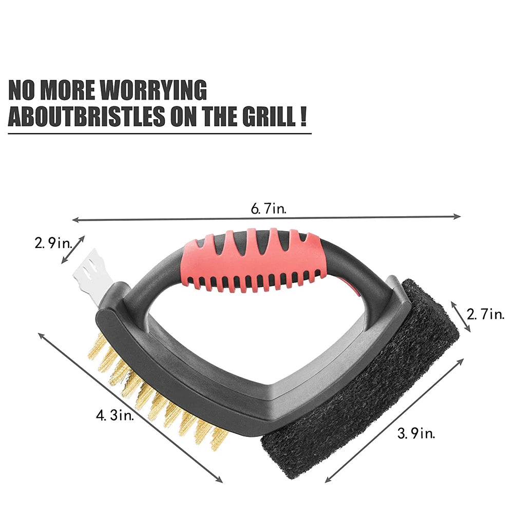 3 in 1 Grill Brush with Brass Bristles and Scraper - Orthorun