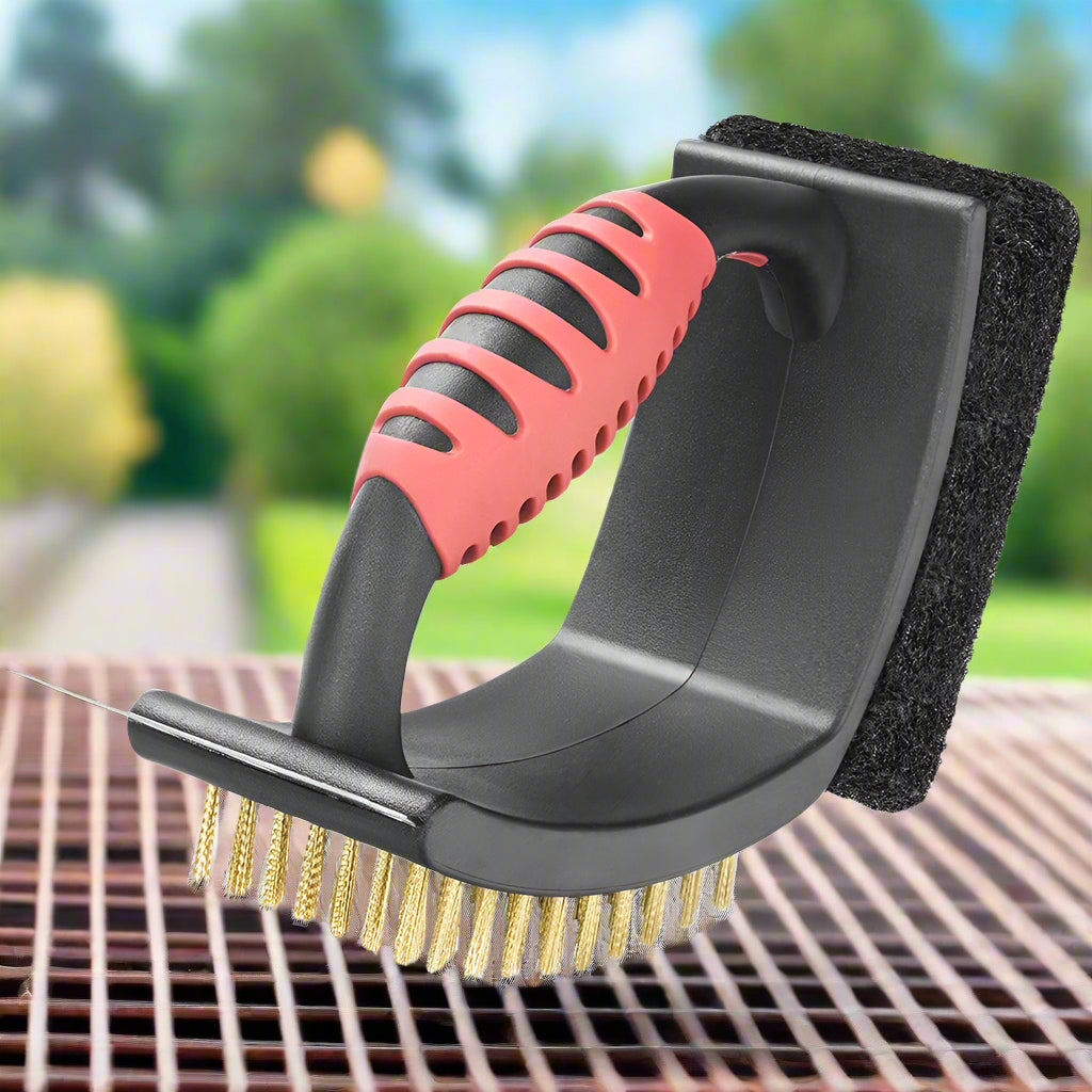 3 in 1 Grill Brush with Brass Bristles and Scraper - Orthorun