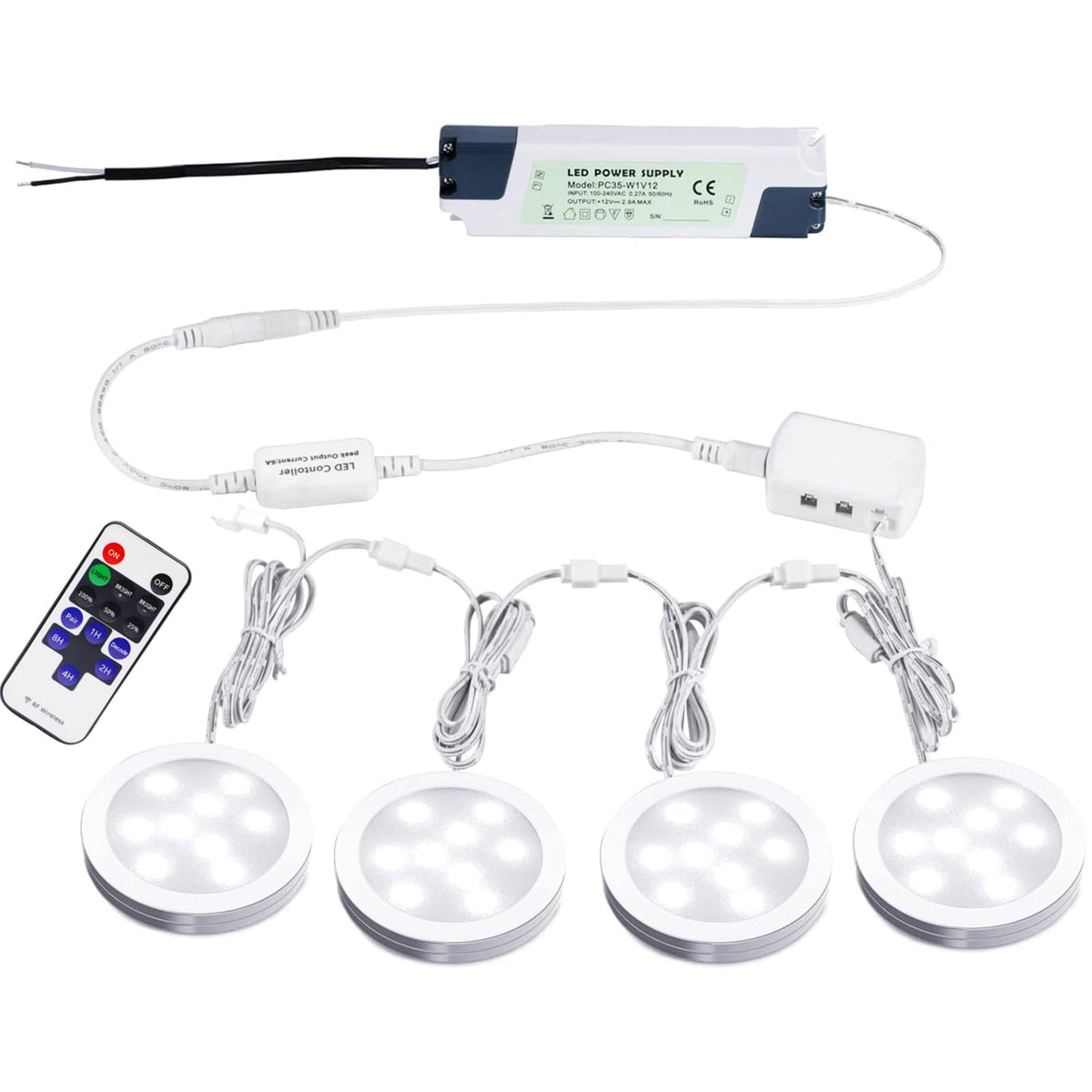 Orthorun | Linkable LED Under Cabinet Light – 12V Hardwired Dimmable Puck Light with Remote (4 Lights, Daylight White)