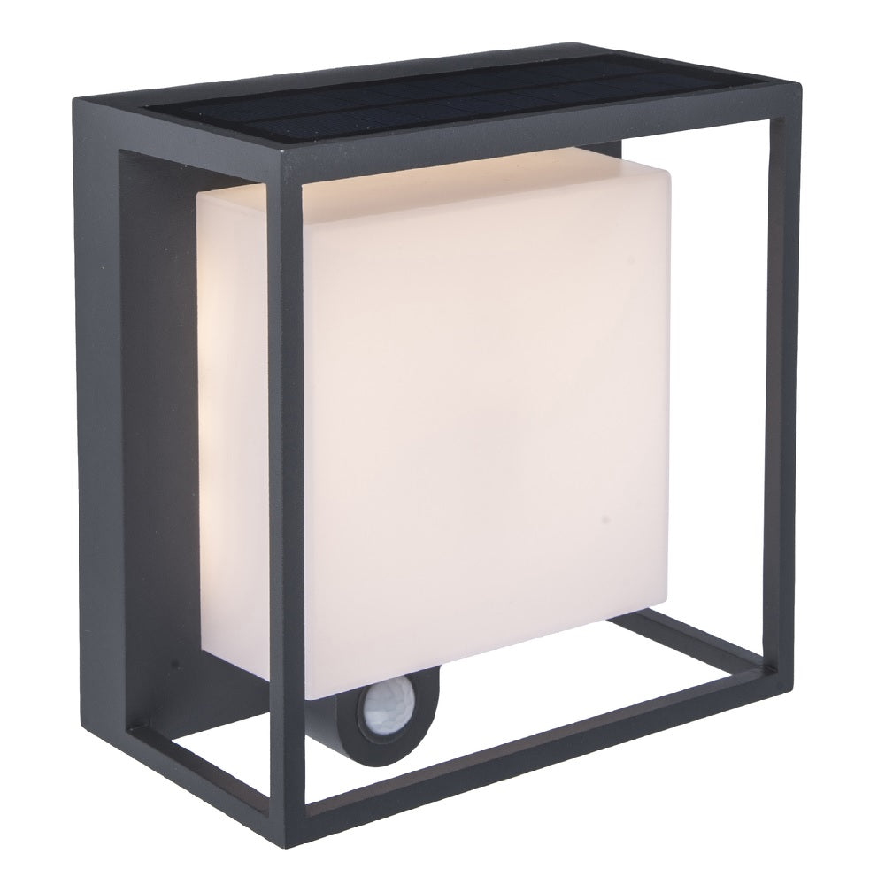 Orthorun | Lutec Curtis LED Solar Wall Lamp – Anthracite Modern Square Surface Mounted Light with PIR Motion Sensor