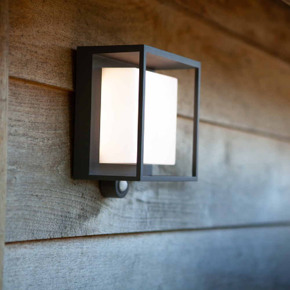 Orthorun | Lutec Curtis LED Solar Wall Lamp – Anthracite Modern Square Surface Mounted Light with PIR Motion Sensor