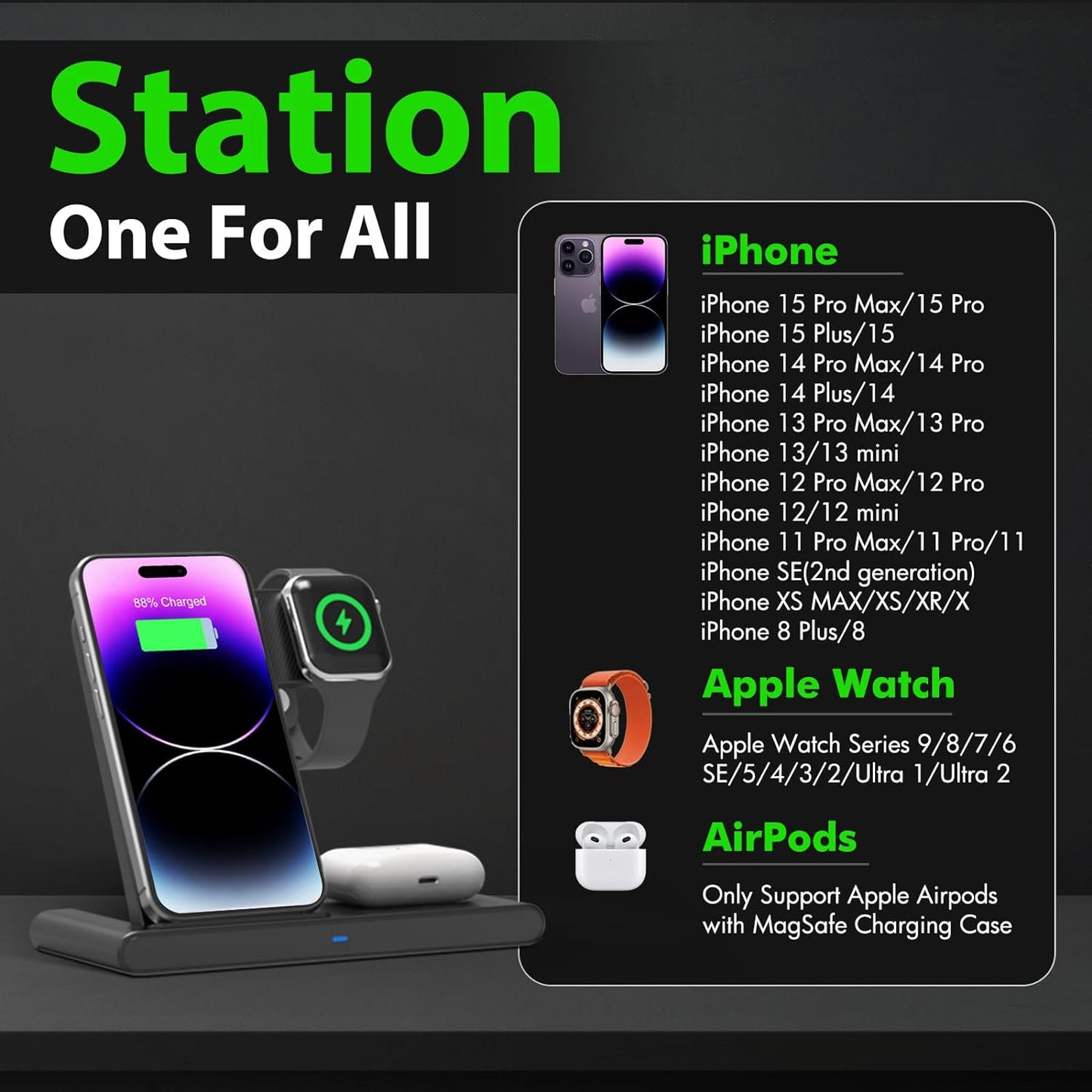 3 IN 1 Wireless Fast Charger Stand For iphone Watch And Airpod - Orthorun