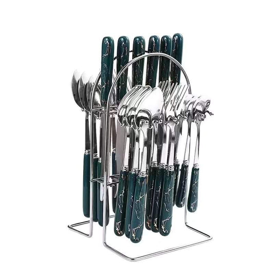 Orthorun | 24-Piece Cutlery Set – Green Handled Stainless Steel Flatware for Home & Kitchen