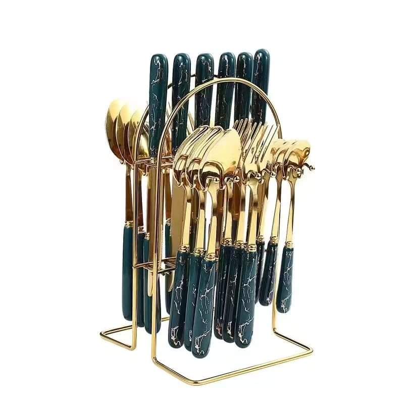 Orthorun | 24-Piece Cutlery Set – Green Handled Stainless Steel Flatware for Home & Kitchen