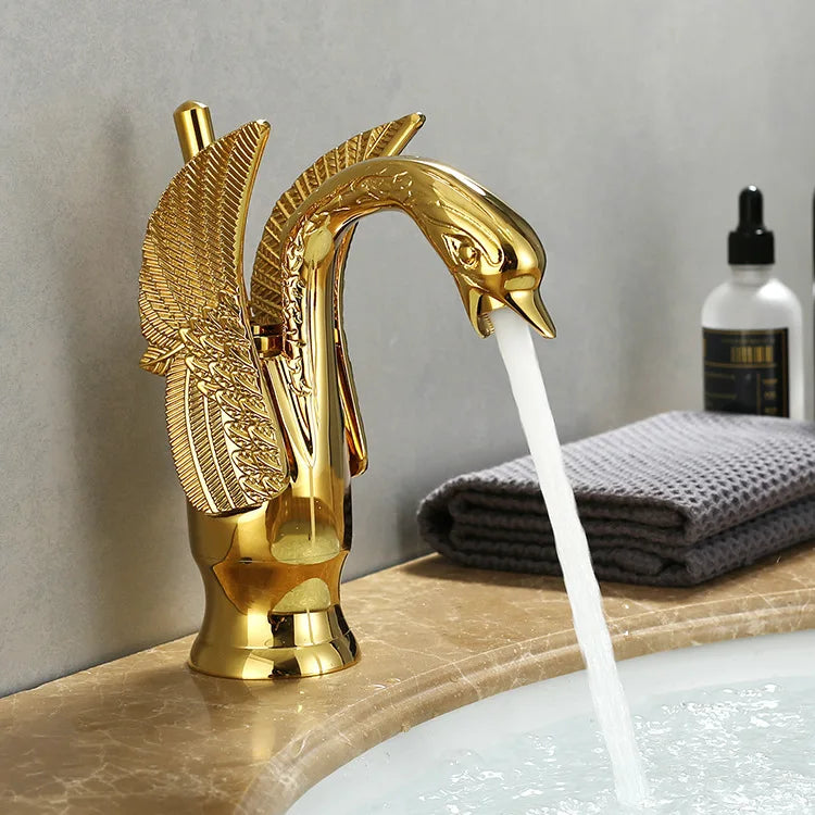 Orthorun | Swan Single Handle Golden Basin Faucet – Elegant Brass Bathroom Sink Tap