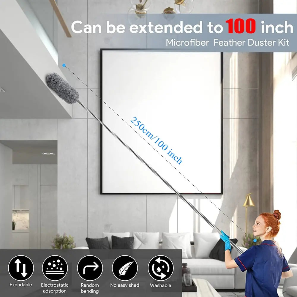 Orthorun | Telescopic Dust Duster with Extra Long Microfiber Head – Includes 3 Free Replacement Cleaning Heads