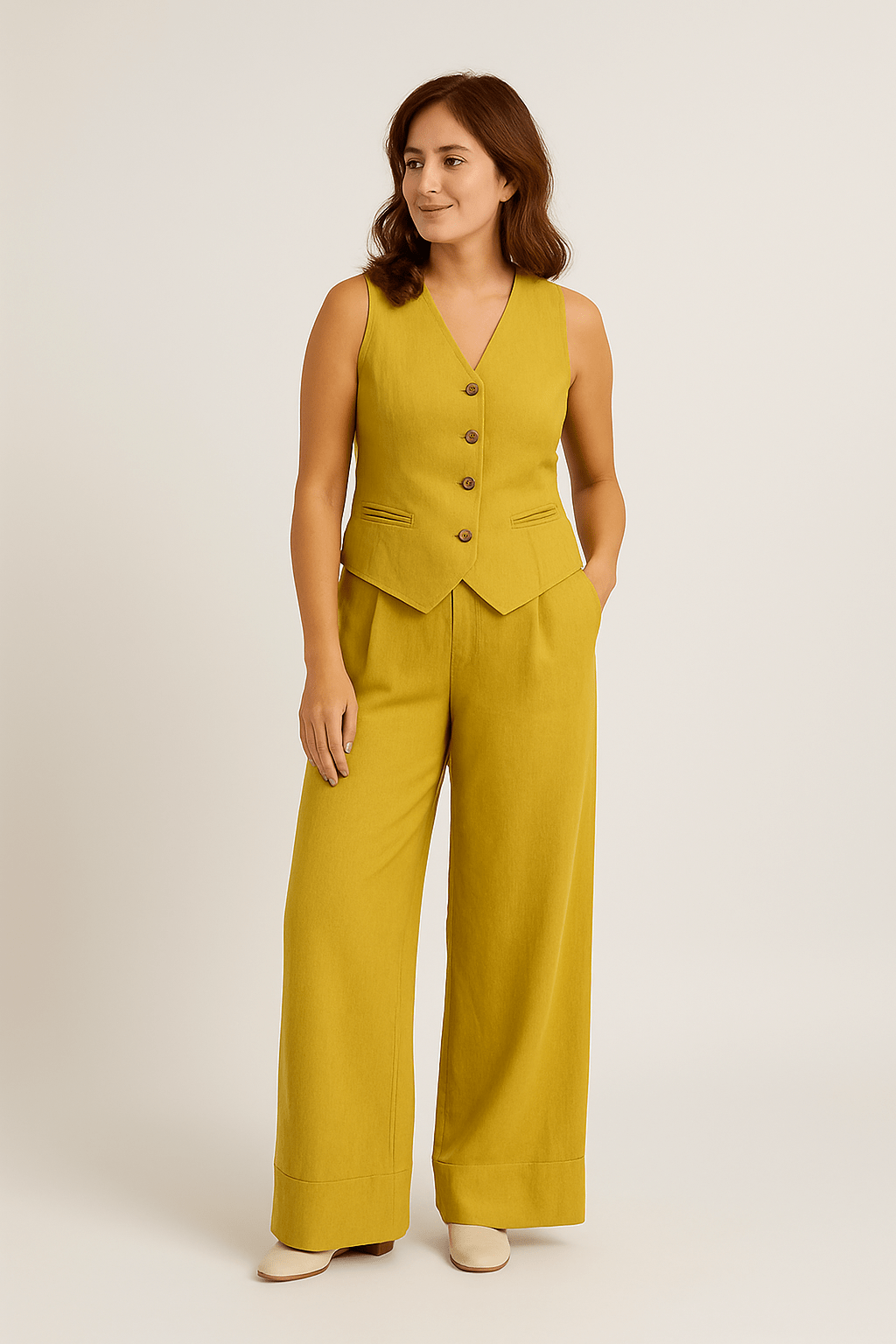 Yveline | Women’s Linen Vest & Wide‑Leg Trousers Set