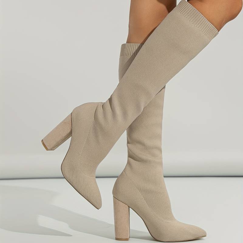Haskella | Women’s Knee‑High Sock Boots – Stretch Knit & Block Heel