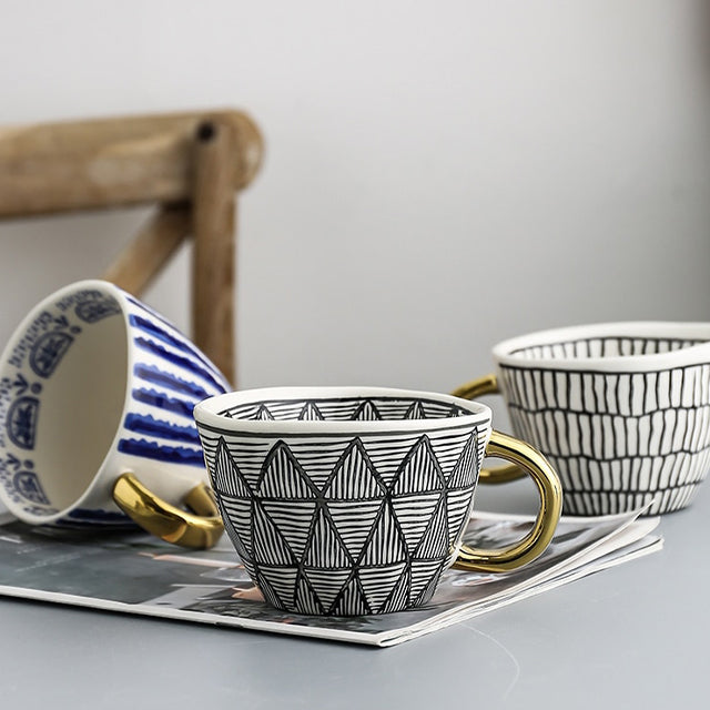 Orthorun | Abstract Geometric Pattern Cup with Gold Handle