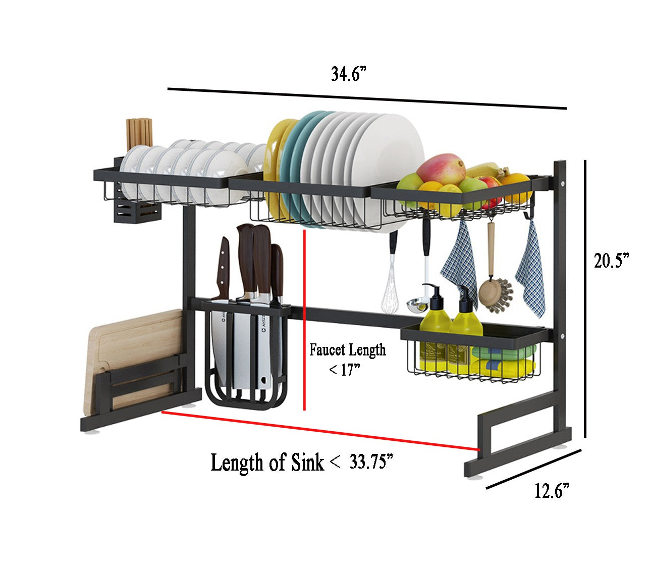 34.6" Stainless Steel Black Dish Drying Rack Over Kitchen Sink, Dishes and Utensils Draining Shelf - Orthorun