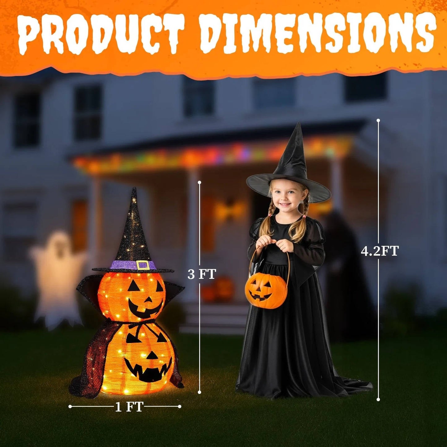 2 Pcs 3ft Halloween Collapsible Lighted In/Outdoor Pumpkin Garden Decoration - Orthorun