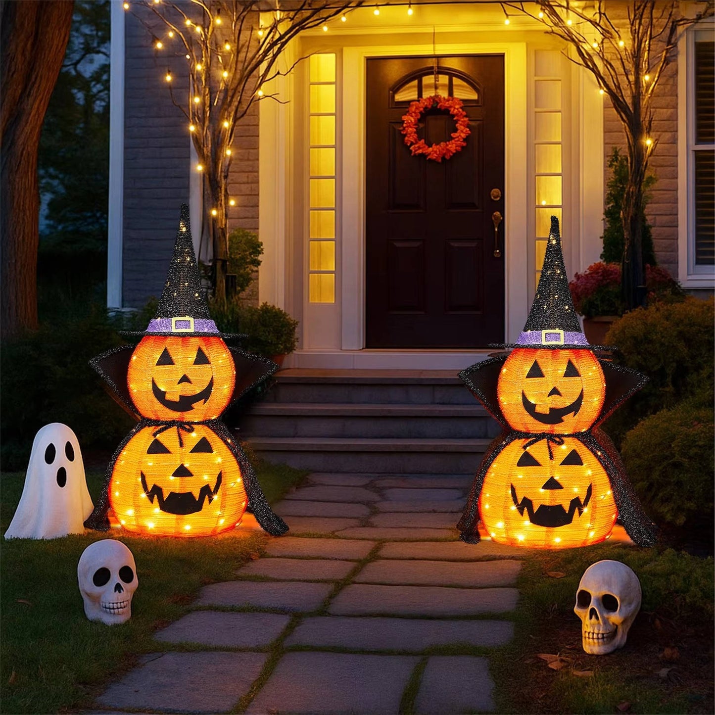 2 Pcs 3ft Halloween Collapsible Lighted In/Outdoor Pumpkin Garden Decoration - Orthorun