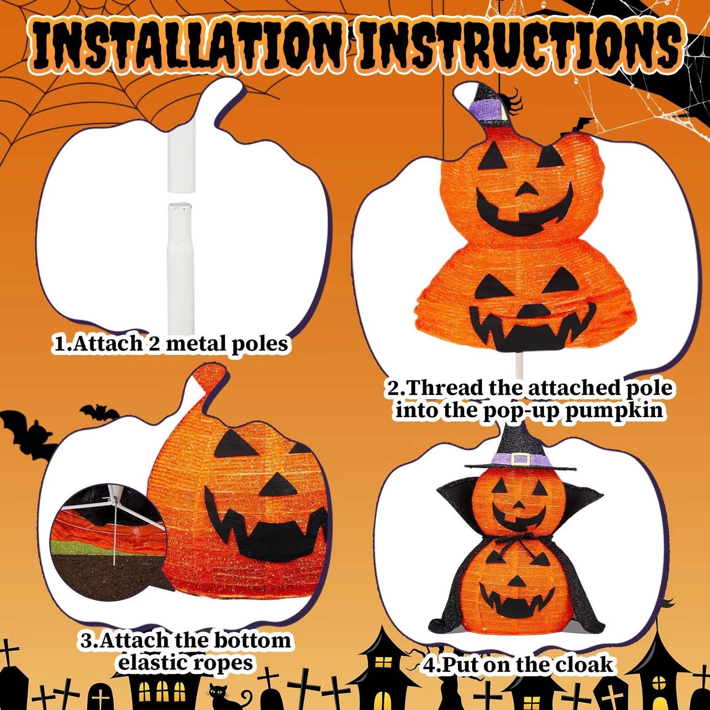 2 Pcs 3ft Halloween Collapsible Lighted In/Outdoor Pumpkin Garden Decoration - Orthorun