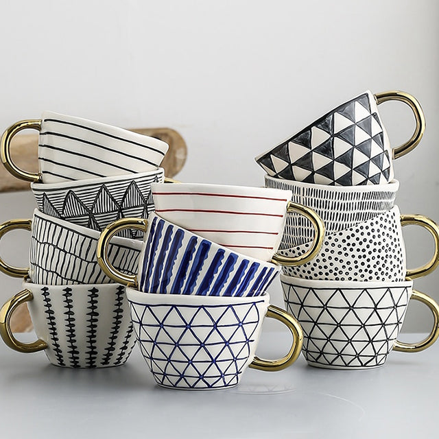 Orthorun | Abstract Geometric Pattern Cup with Gold Handle