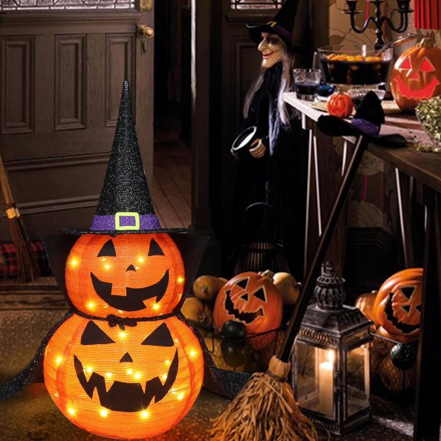 2 Pcs 3ft Halloween Collapsible Lighted In/Outdoor Pumpkin Garden Decoration - Orthorun