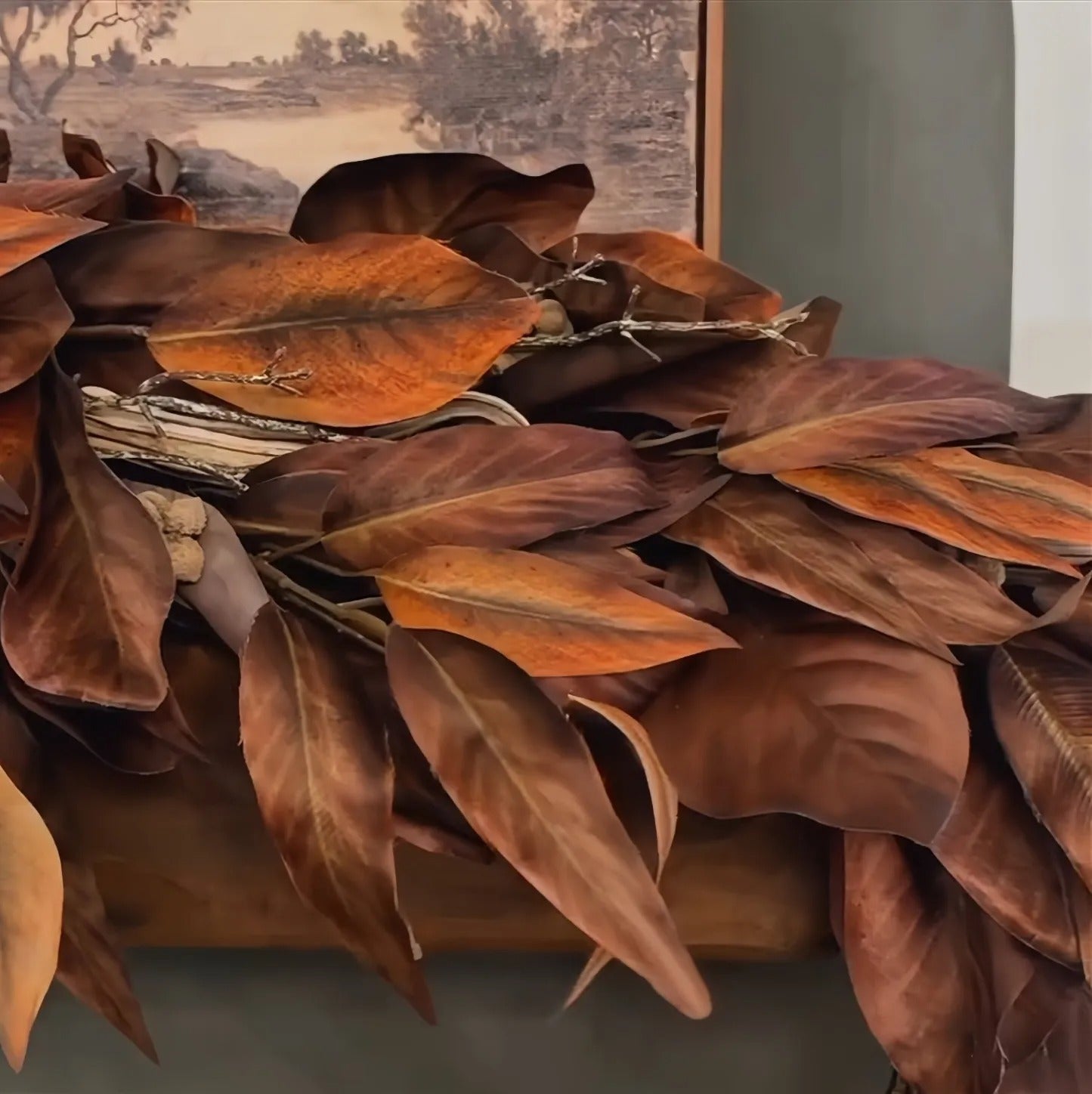 Orthorun | Brown Magnolia Leaf Garland – Realistic Autumn Decoration for Indoor & Covered Outdoor Use