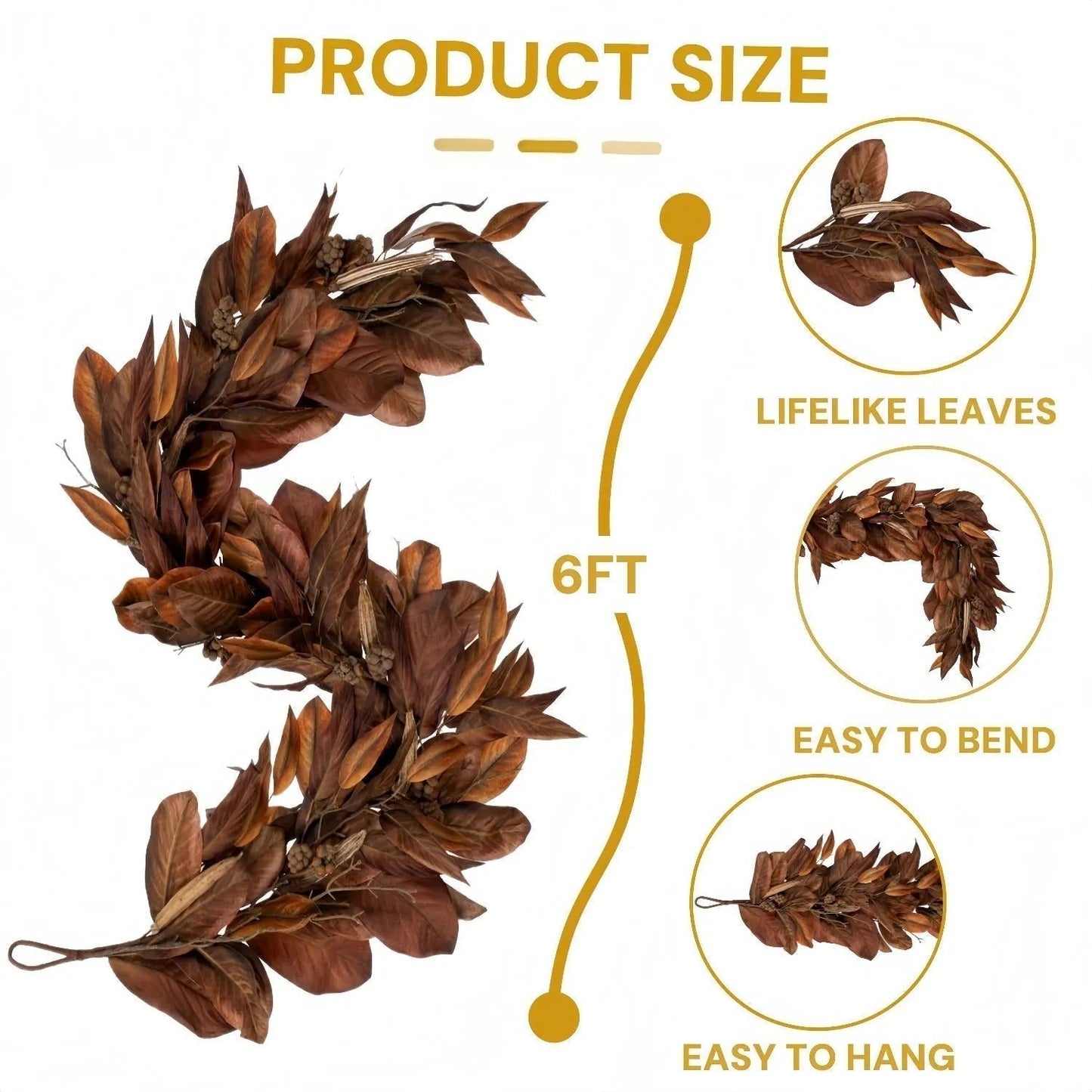 Orthorun | Brown Magnolia Leaf Garland – Realistic Autumn Decoration for Indoor & Covered Outdoor Use