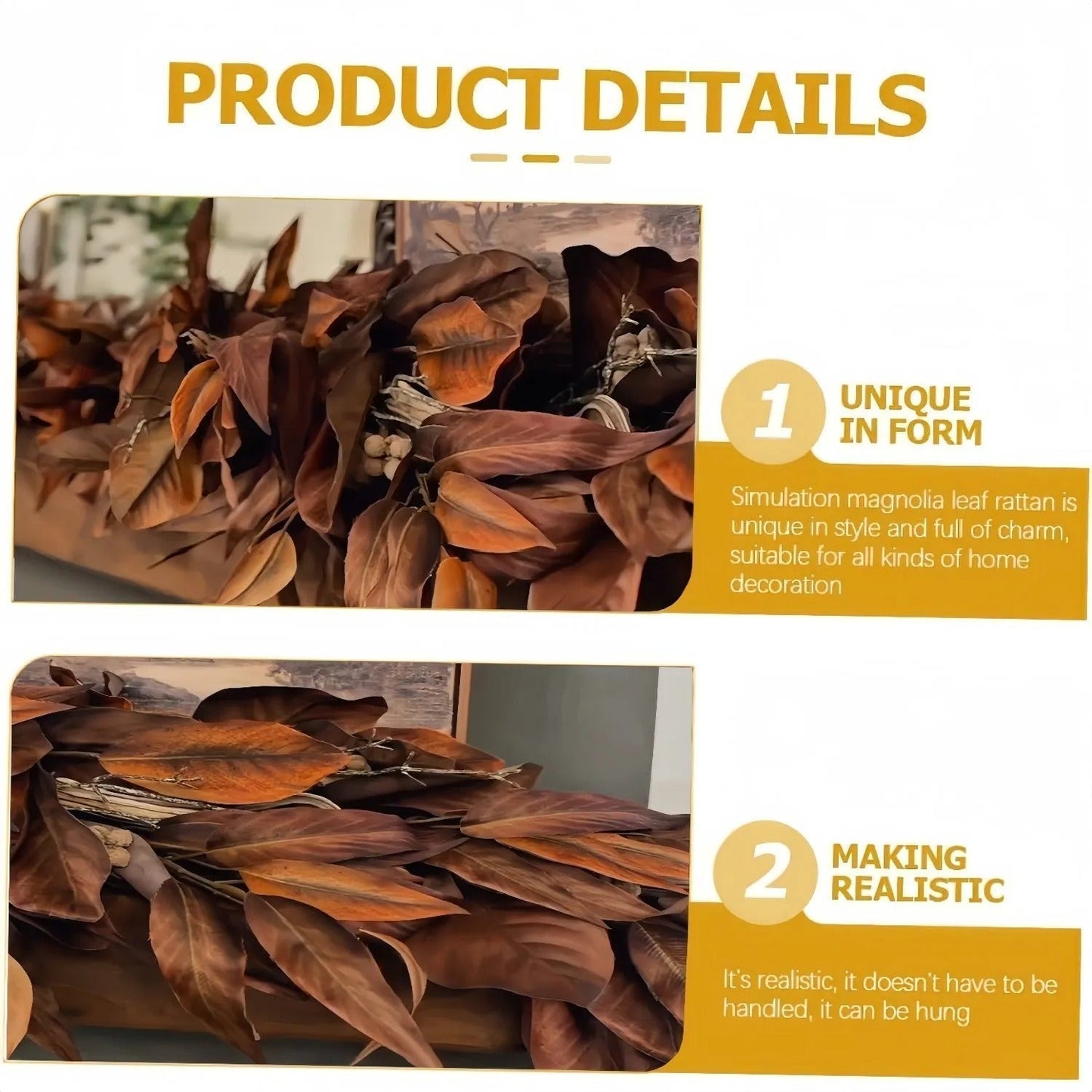 Orthorun | Brown Magnolia Leaf Garland – Realistic Autumn Decoration for Indoor & Covered Outdoor Use