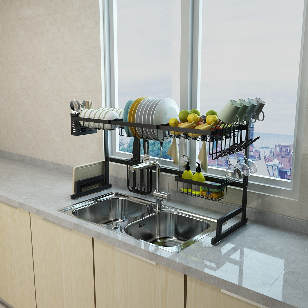 34.6" Stainless Steel Black Dish Drying Rack Over Kitchen Sink, Dishes and Utensils Draining Shelf - Orthorun